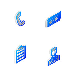 Set Isometric line Stacks paper money cash, Telephone handset, Clipboard with checklist and Man headset icon. Vector