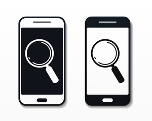 Mobile phone with magnifying glass icon. Searching and analysis. Illustration vector