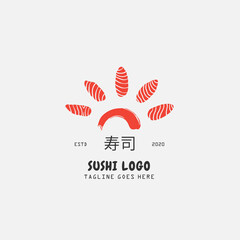 Sushi logo template. Japanese traditional cuisine, tasty food icon. japanese text translation "sushi". asian sushi bar vector logo.