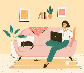 Cozy room interior. Girl freelancer with computer sitting on a sofa. Video chat or online conference concept