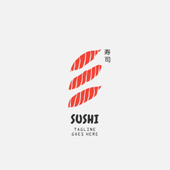 Sushi logo template. Japanese traditional cuisine, tasty food icon. japanese text translation "sushi". asian sushi bar vector logo.