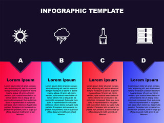 Set line Sun, Storm, Paint brush and Server, Data, Web Hosting. Business infographic template. Vector