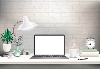 Co-working office interior with mock-up laptop, coffee cup, stationery, plants on a computer table.  Font view workspace vector editable illustration.