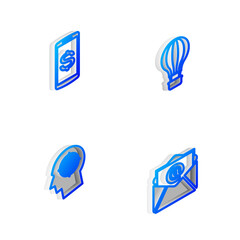 Set Isometric line Hot air balloon, Smartphone with dollar, Head hunting concept and Mail and e-mail icon. Vector