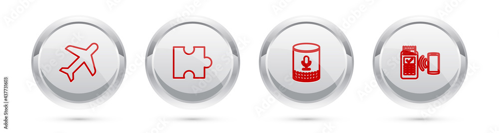 Poster set line plane, piece of puzzle, voice assistant and pos terminal. silver circle button. vector