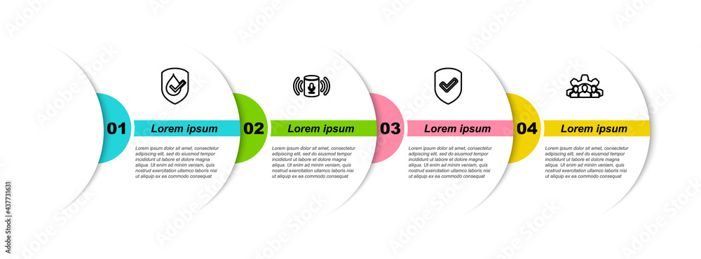 Poster set line waterproof, voice assistant, shield with check mark and project team base. business infogra