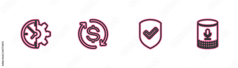 Poster set line clock and gear, shield with check mark, return of investment and voice assistant icon. vect