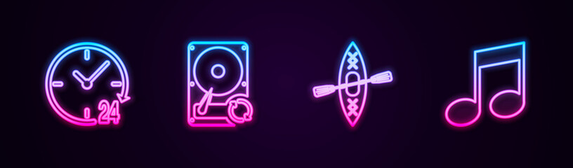 Set line Clock 24 hours, Hard disk drive HDD sync refresh, Kayak and paddle and Music note, tone. Glowing neon icon. Vector