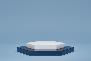 Pedestal hexagon empty on blue background. 3D rendering podium for product demonstration.