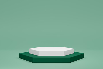 Pedestal hexagon empty on green background. 3D rendering podium for product demonstration.