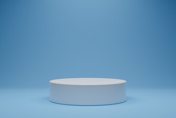 White pedestal round empty on blue background. 3D rendering circle podium for product demonstration.