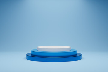 Pedestal round empty on blue background. 3D rendering podium for product demonstration.