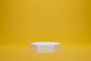 White hexagon pedestal empty on yellow background. 3D rendering podium for product demonstration.
