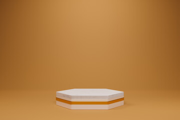 Pedestal hexagon white marble top empty on beige background. 3D rendering podium for product demonstration.