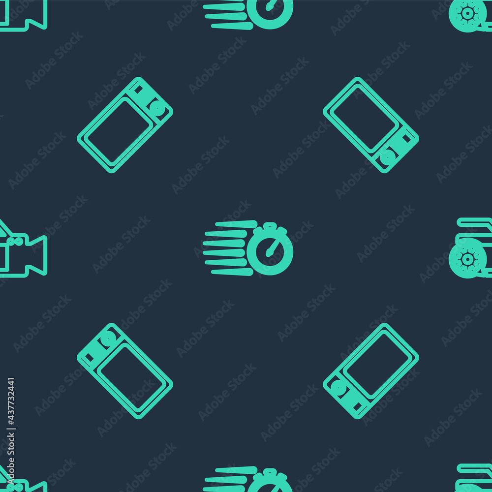 Poster set line stopwatch, microwave oven and video camera setting on seamless pattern. vector