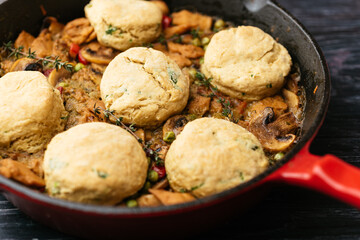 Mushroom Chickun, and Pea Skillet with Vegan Cheddar and Wild Garlic Biscuits