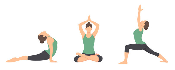 A set of three yoga poses. The girl is engaged in yoga. Flat illustration. Flexibility. Meditation. Lotus position. Asana.