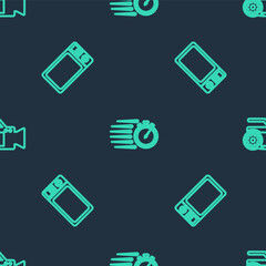 Set line Stopwatch, Microwave oven and Video camera setting on seamless pattern. Vector