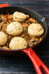 Mushroom Chickun, and Pea Skillet with Vegan Cheddar and Wild Garlic Biscuits