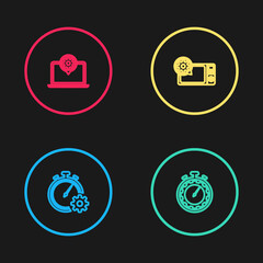 Set line Time management setting, , Microwave oven and Laptop icon. Vector