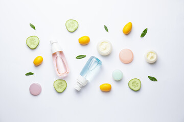 Natural cosmetic products on white background