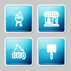 Set line Barbecue grill, shopping building, fire flame and steel grid icon. Vector