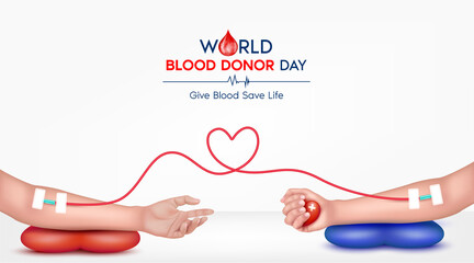 Hands of the giver and the recipient to donate blood. Blood donation concept heart medical sign. Give blood save life, World blood donor day-June 14. 3D Vector EPS10 illustration.