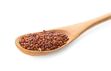 Spoon with healthy quinoa on white background