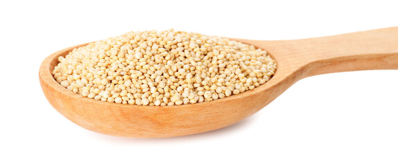 Spoon with healthy quinoa on white background
