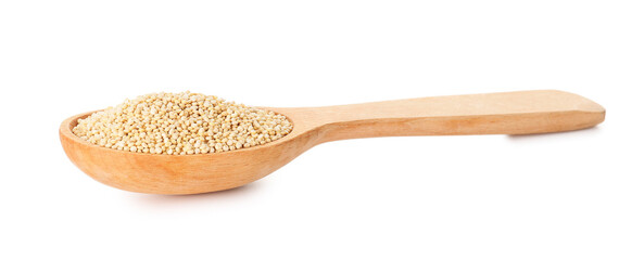 Spoon with healthy quinoa on white background