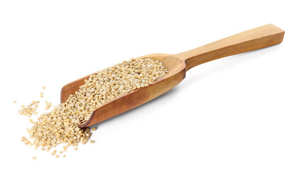 Scoop with healthy quinoa on white background