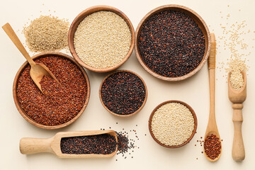 Different healthy quinoa on light background