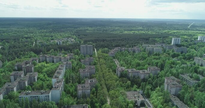 The abandoned city was shot by a drone with rotation around the house. Chernobyl. Pripyat. Aerial