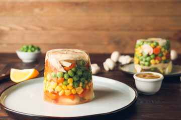 Plate with tasty aspic on table