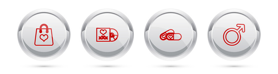 Set line Shopping bag with heart, Disc inscription Sex, Pills for potency and Male gender symbol. Silver circle button. Vector