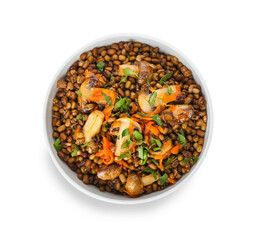 Bowl of tasty cooked lentils and mushrooms on white background