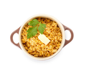 Pot of tasty cooked lentils on white background