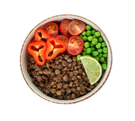 Bowl of tasty cooked lentils and vegetables on white background