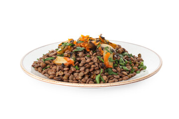 Plate with tasty cooked lentils and mushrooms on white background