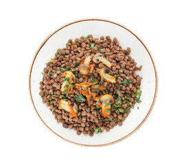 Plate with tasty cooked lentils and mushrooms on white background