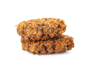 Tasty lentil cutlets on white background