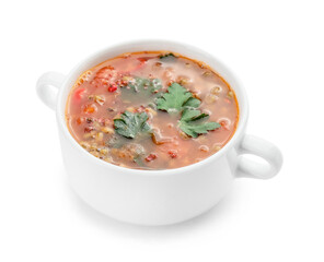Pot of tasty lentil soup on white background