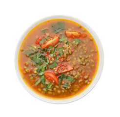 Bowl of tasty lentil soup on white background