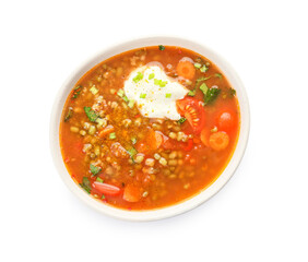 Bowl of tasty lentil soup on white background