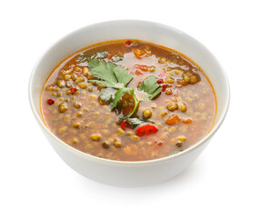 Bowl of tasty lentil soup on white background