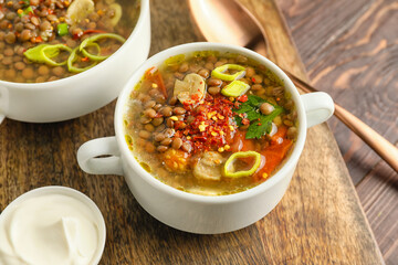 Pot of tasty lentil soup on table