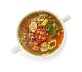 Pot of tasty lentil soup on white background