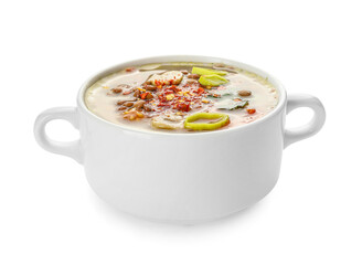 Pot of tasty lentil soup on white background