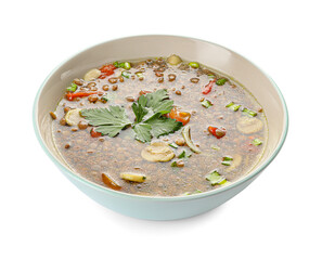 Bowl of tasty lentil soup on white background