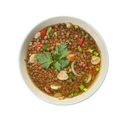 Bowl of tasty lentil soup on white background
